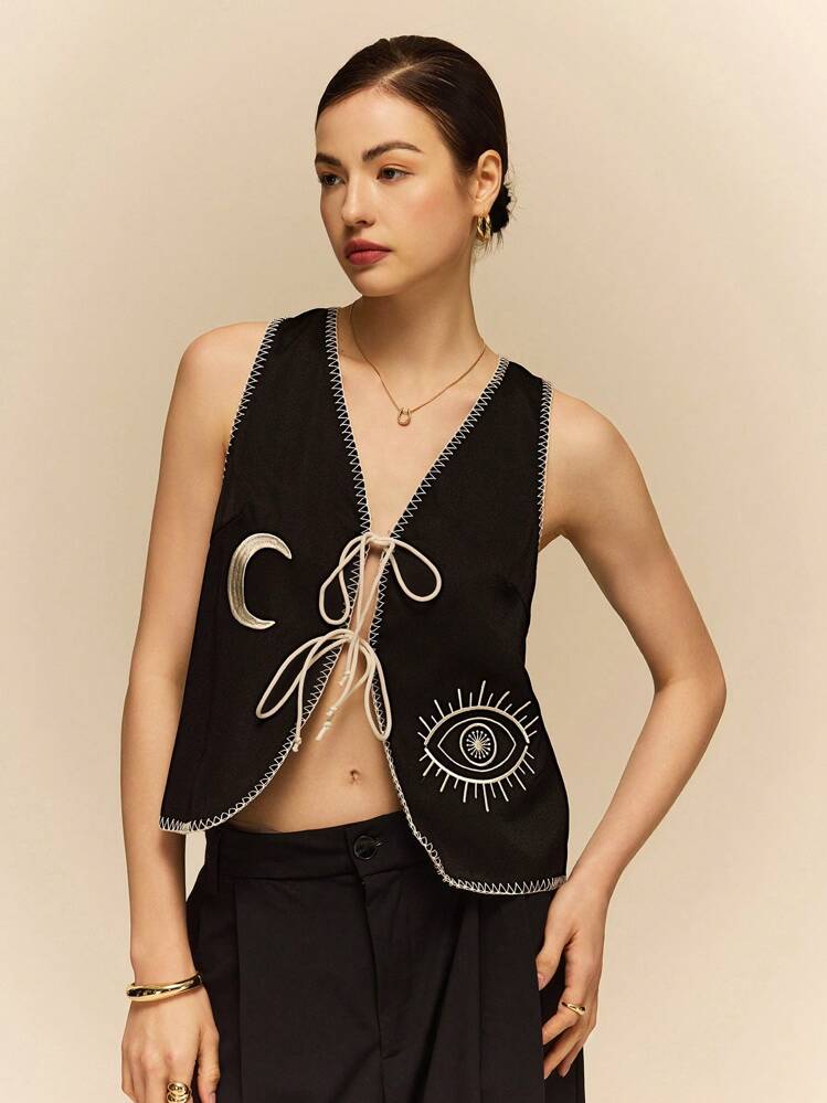 Poéselle 黑色刺绣背心，夏季背心，女式撞色饰边前系带无袖休闲背心 - 黑色 - 查看 9
