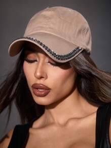 SHEIN SXY Shiny Rhinestone Embellished Baseball Cap, Minimalist & Practical Multipurpose - Khaki - View 4