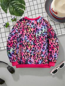 SHEIN 女童豹纹圆领长袖卫衣，舒适宽松休闲套头衫，时尚可爱，适合秋冬季家庭穿着 - 彩色 - 查看 2
