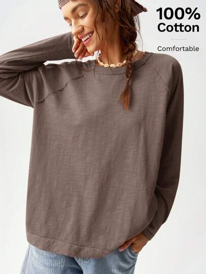 Bohemela Solid Color Knit Round Neck Raglan Sleeve Long Loose Casual T-Shirt For Women, Suitable For Holiday
