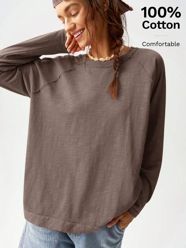 Bohemela Einfarbiges gestricktes Frauen T-Shirt mit Rundhalsausschnitt, Raglanärmeln, lang und locker geschnitten, für den Lässig-Look geeignet, passend für den Urlaub