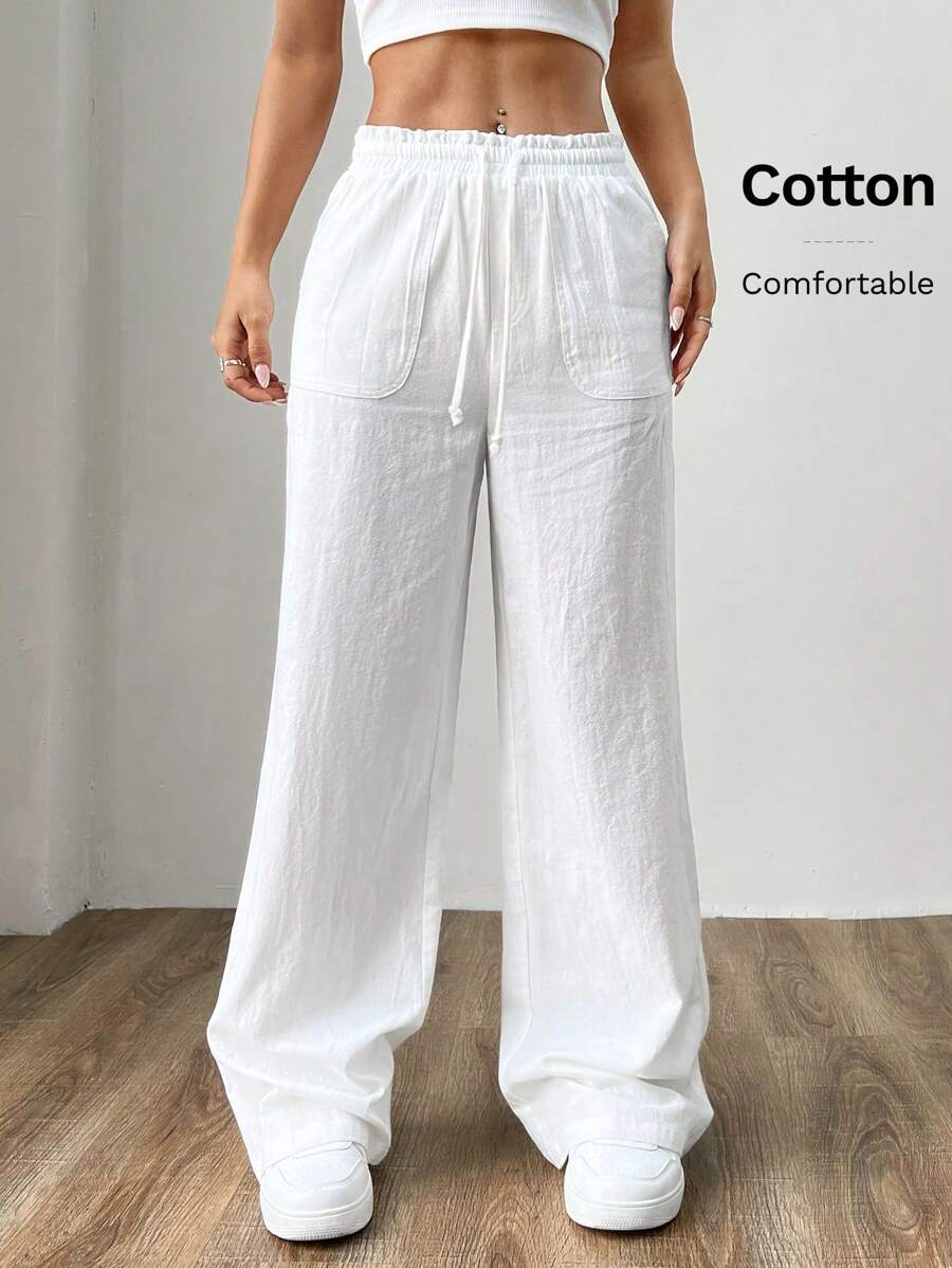 SHEIN EZwear Women's White Woven Wide Leg Pants - White - View 1