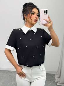 Elenzga Women's Colorblock Studded Collar Short Sleeve Blouse, Spring/Summer