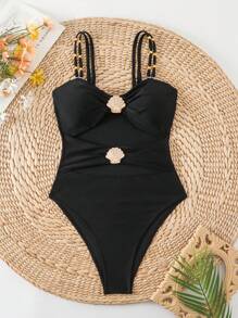 Swim Chiccia Women's Solid Color Double Shoulder Strap Metal Decor Hollow Out Beach Resort One Piece Swimsuit For Summer Beach Vacation - Black - View 4