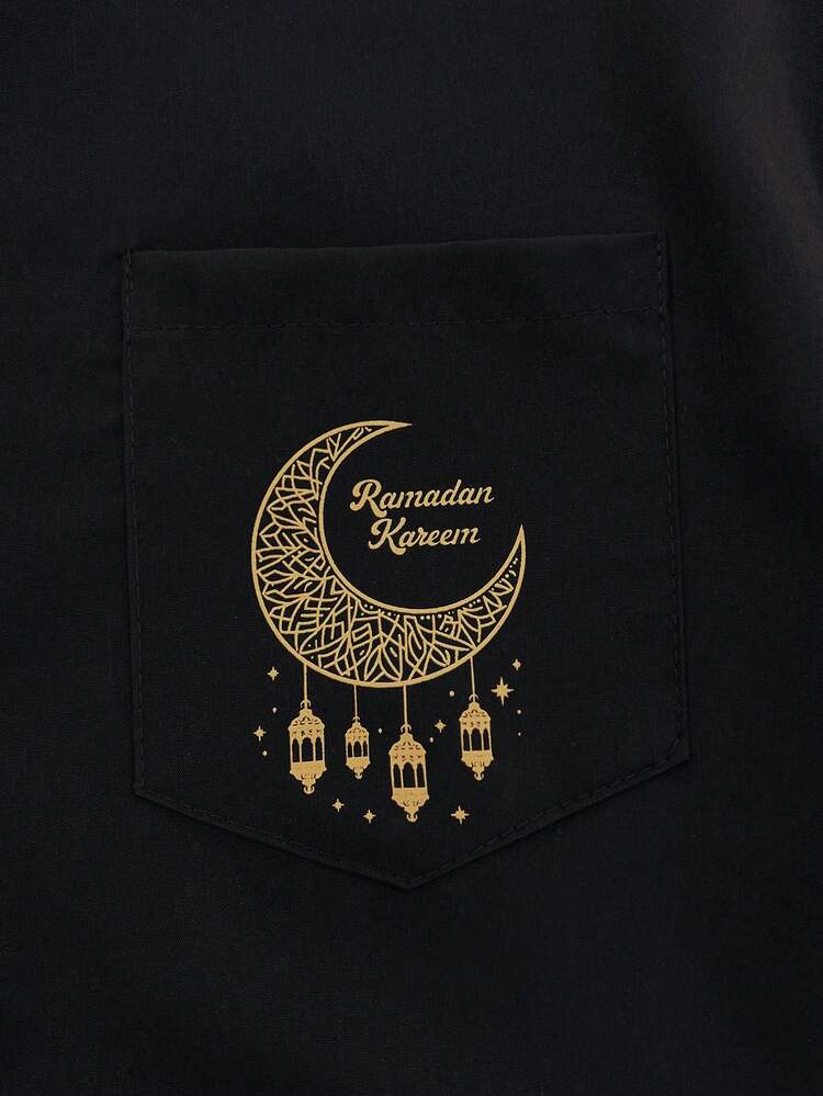 SHEIN Explorewe 青少年经典黑金图案宽松舒适简约夏季短袖凉爽休闲衬衫，适合度假 - 黑色 - 查看 6