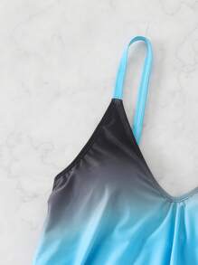 SHEIN Gradient Flounce Front Chest Ruffles Top And Shorts Tankini Set, Resort Style, For Summer Beach Vacation - Multicolor - View 6