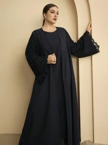 Graceveil Elegant Round Neck Embroidered Lace Plus Size Arabic Suit,Modest