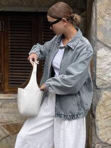 DAZY 女式翻领拉链宽松牛仔夹克，秋装 - 中等水洗藍 - 查看 3