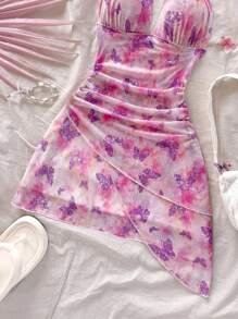 Soleia 度假浪漫蝴蝶扎染印花吊带 V 领系带褶皱女式迷你连衣裙