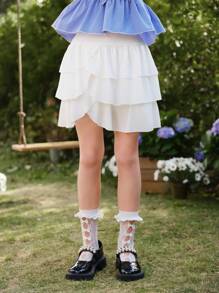 Wildeya Tween-Mädchen Eleganter, süßer, lässiger, weißer, mehrlagiger Kuchenrock, geeignet für Sommer, Frühling, Urlaub und Outdoor