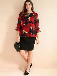 SHEIN Clasi طقم تنورة ولباس علوي شيفون مطبوعة بورود، أنيق للمقاسات الكبيرة، ربيعي/صيفي رومانسي - متعدد الألوان - مشاهدة 4