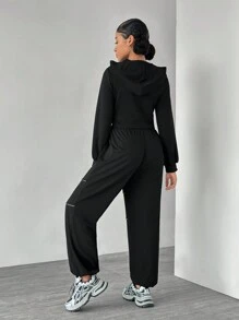 SHEIN Teen Girls Reflective Strip Black Pullover Hoodie & Sweatpants Set, Autumn Spring - Black - View 2