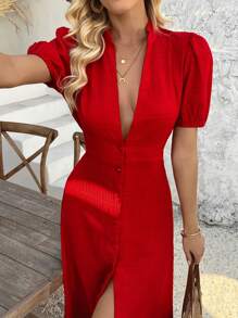 SHEIN Clasi Women's Long Textured French Waist Puff Sleeve Maxi Dress - Red - View 1