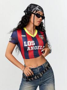 Coolane 女士运动字母条纹印花短款修身足球 T 恤 - 彩色 - 查看 1