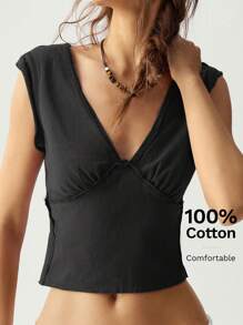 Bohemela 女士棉质 V 领无袖“度假” T 恤，黑色短款上衣 - 黑色 - 查看 2
