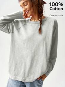 Bohemela Vacation Solid Color Knit Loose Round Neck Raglan Sleeve Long Sleeve Maxi T-Shirt For Women