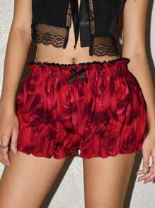 SHEIN EZwear Women's Floral Print Frill Trim & Bow Decor Fashion Shorts - Red - View 1