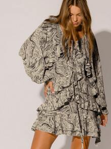 Aralina 休闲秋冬花卉 Y2K 褶边分层飘逸廓形波西米亚风格长袖迷你连衣裙早午餐教堂装 - 深灰色 - 查看 5