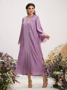 Al Najma 女士优雅水钻装饰传统土耳其和阿拉伯长袍 - 紫色 - 查看 6