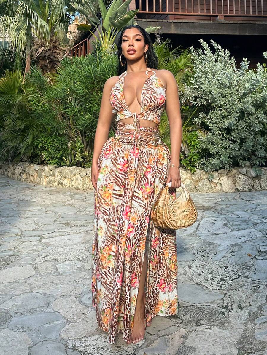 SHEIN SXY 女士露背系带花卉印花修身连衣裙 - 彩色 - 查看 1