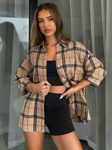 SHEIN Essnce 女士休闲轻便运动夏季套装，性感时尚户外骑行网球旅行上衣+紧身短裤+格子衬衫三件套 - 彩色 - 查看 3
