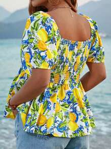SHEIN VCAY Blusa con estampado de limón, escote en forma de corazón y mangas de farol para mujer talla grande, estilo bohemio, ideal para vacaciones de verano y primavera en la playa