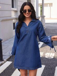 SHEIN Essnce 女士休闲翻领长袖牛仔迷你连衣裙 - 深色水洗藍 - 查看 6