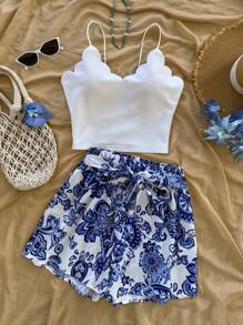 Soleia 2 pièces Ensemble de tenues d'été pour femme en vacances, débardeur blanc à élastique et shorts décontractés à imprimé floral