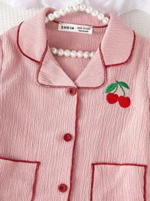 2pcs Baby & Baby Girl Casual Cherry Embroidered Short Sleeve Top And Shorts Set, Loungewear - Pink - View 5