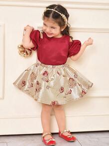 SHEIN 女婴优雅可爱泡泡袖缎面衬衫和锦缎中裙 2 件套 - 酒紅色 - 查看 5