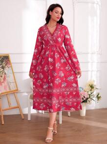 SHEIN 女士新款优雅碎花宽松收腰长袖连衣裙，休闲母女装（3 件分开出售）