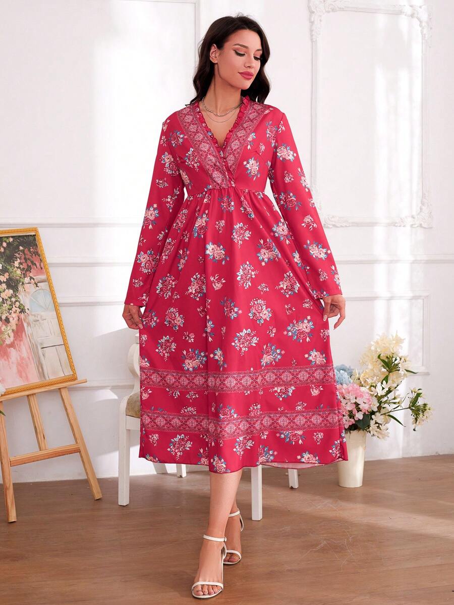 SHEIN 女士新款优雅碎花宽松收腰长袖连衣裙，休闲母女装（3 件分开出售）