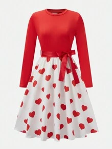 Teens Girl Valentine's Day Contrast Heart Print Dress - Red - View 1