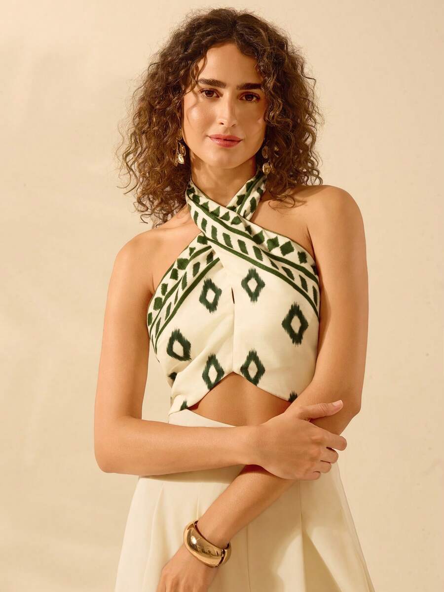 CAJUNI Áo ba lỗ cổ chữ thập in họa tiết Boho cho nữ, Áo ba lỗ đi biển thường ngày mùa hè - Nhiều màu - Xem 1