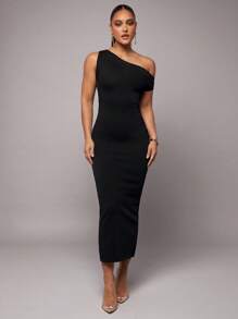 Silquee Women Solid Color Asymmetrical Neck Fitted Elegant Knit Dress