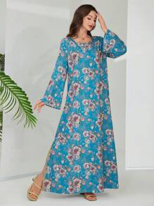 Lacomfia Vintage Floral Print Loose Crew Neck Side Split Gold Embroidery Long Sleeve Dress
