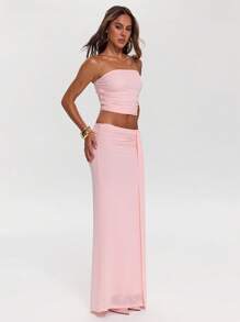 SHEIN BAE Conjunto elegante de top bandeau plisado de unicolor y falda con dobladillo de cola de sirena para mujer