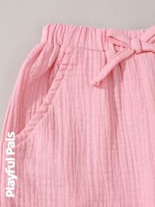 Pantalones casuales lisos de cintura elástica con bolsillo para niñas, para uso diario - Rosa - Ver 5