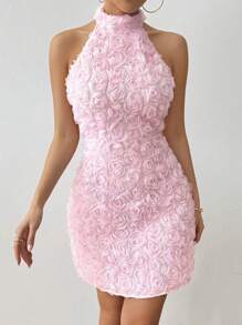 SHEIN Clasi 女士粉红玫瑰印花露背收腰修身宴会礼服 - 粉色 - 查看 5