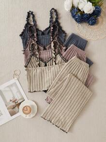 SHEIN 3 件套蝴蝶结装饰罗纹吊带背心和裤子睡衣套装，舒适 - 彩色 - 查看 2