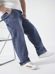 Chillumni Plus Size Men's Simple Multi-Pocket Loose Casual Jeans - Medium Wash - View 4