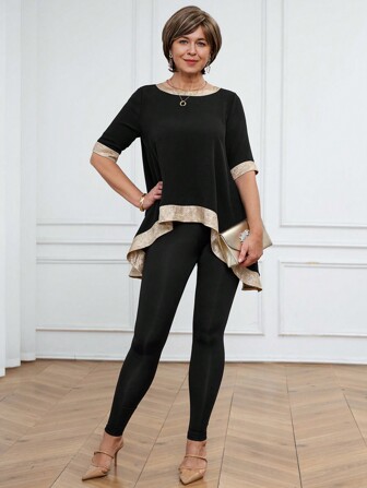 SHEIN LUNE 2pcs/Set Spring Casual Outfit, Color Block Patchwork Shirt And Leggings Set For Women