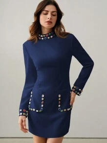 Anewsta Black High-End Brand Handmade Rhinestone Embellished Short Long Sleeve Dress, Autumn/Winter - Navy Blue - View 6