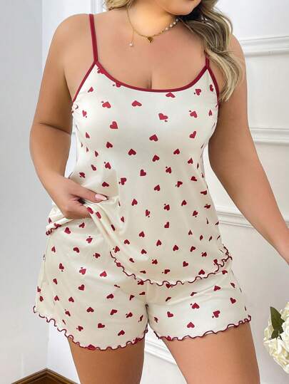 Bộ đồ ngủ áo hai dây in hình trái tim và quần short viền bèo nhún cỡ lớn