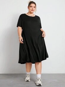 SHEIN CURVE+ Loose Fit Super Plus Size Comfortable Stretchy Long Short Sleeve Black Casual Dress, Basic Versatile Summer