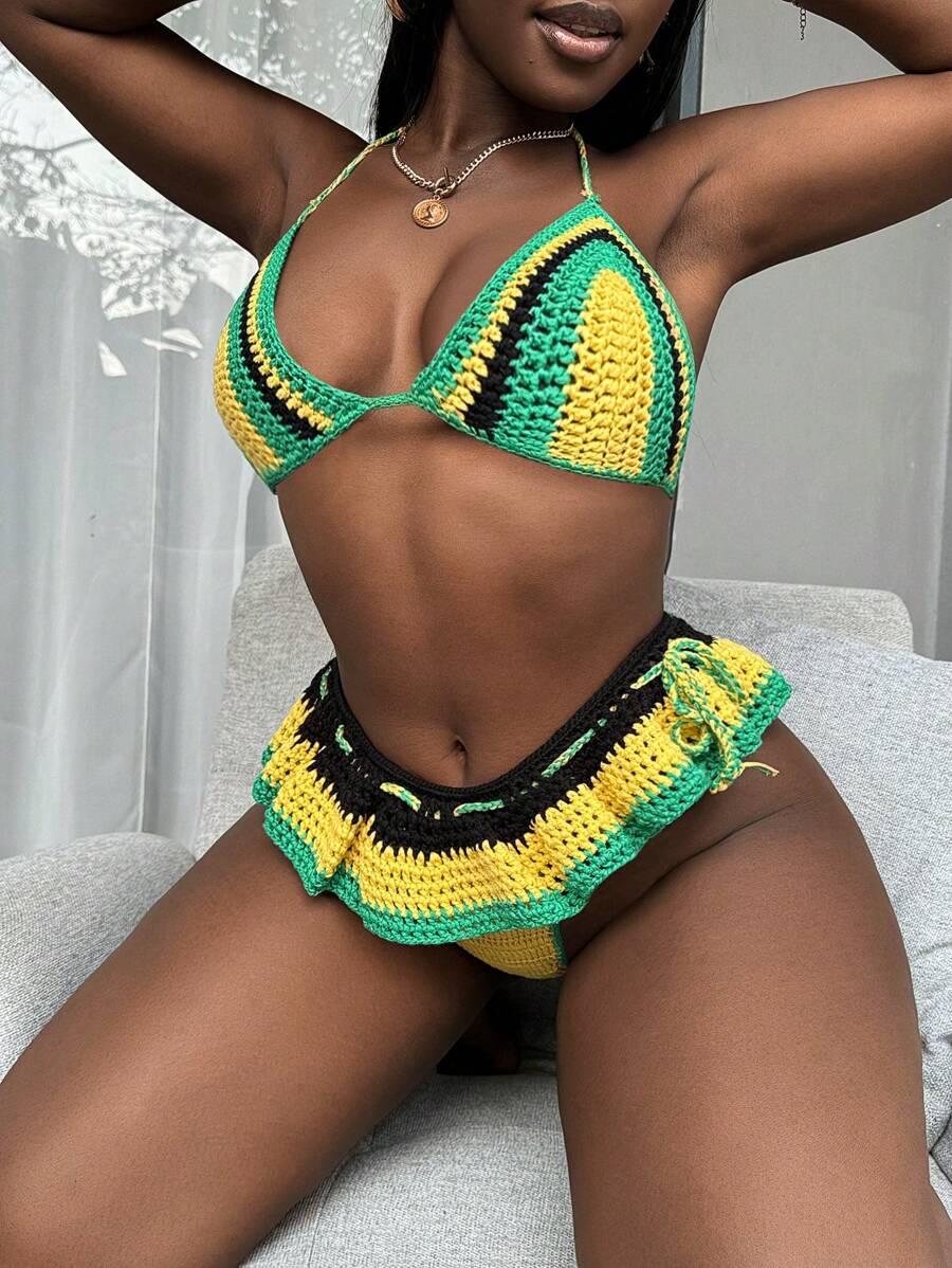 Swim SXY Nadar Verão Praia Férias Trajes Mardi Gras Mulher Biquíni Crochê Conjuntos - Multicolorido - Ver 1