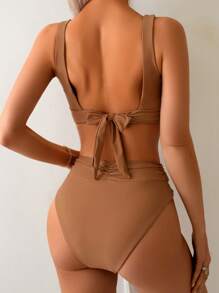 Swim Lushoire Bikini da donna a 2 pezzi, semplice tinta unita, arricciato, per spiaggia - Arancione - Visualizzare 2