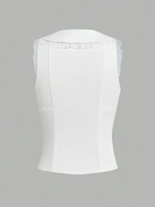 SHEIN MOD Áo vest denim nữ, áo ghi lê co giãn không tay nhún bèo dễ thương, màu trắng - trắng - Xem 2