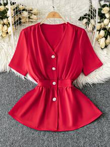 Chiquease Blouse élégante et tendance Top de gamme à encolure en V avec manches évasées et ceintrage à la taille - Rouge - Voir 3