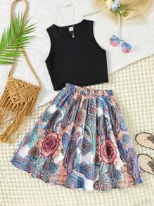 少女休闲度假纯色上衣和佩斯利印花半裙套装